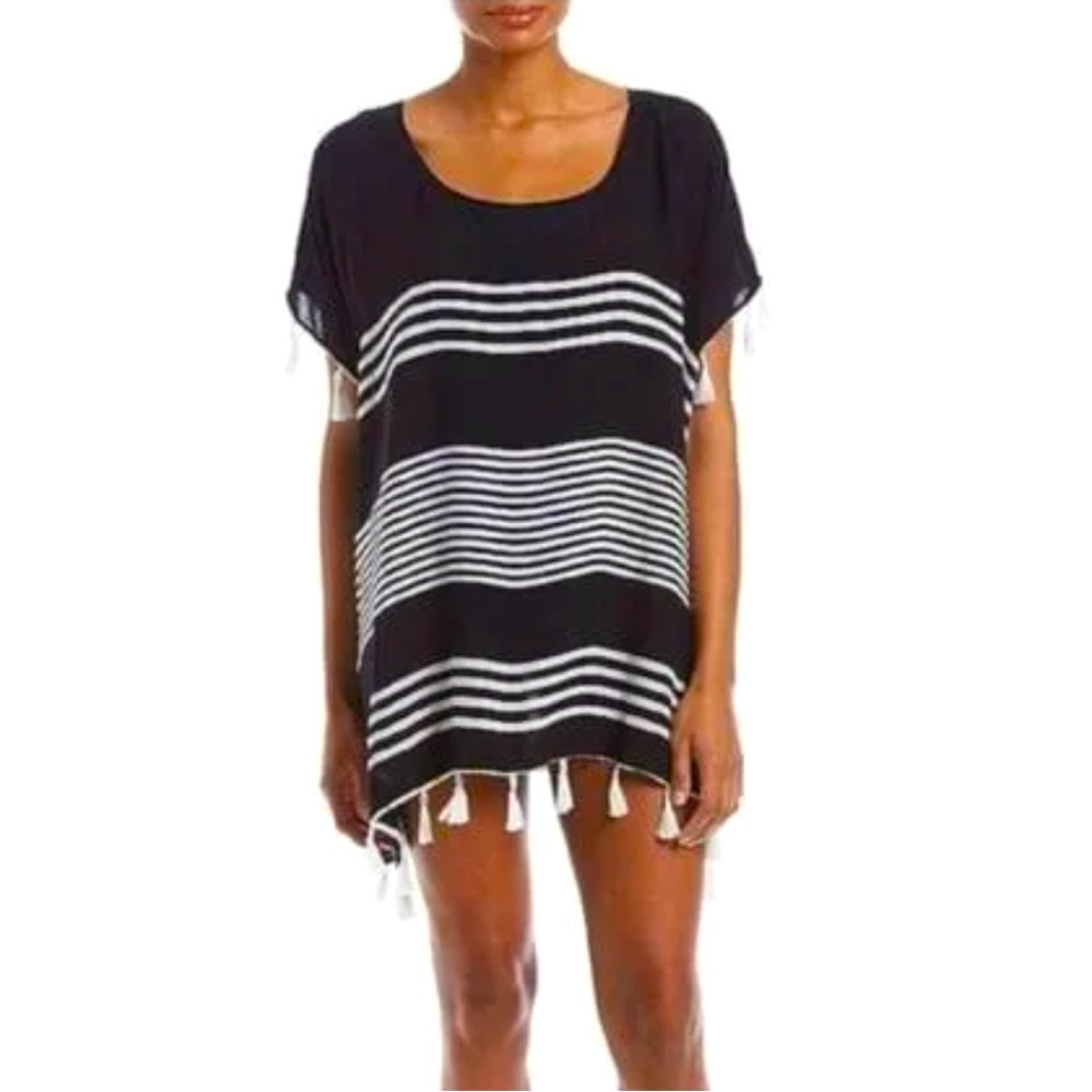 Chelsea & Theodore Black White Stripe Tassel Beach Coverup Size L EUC